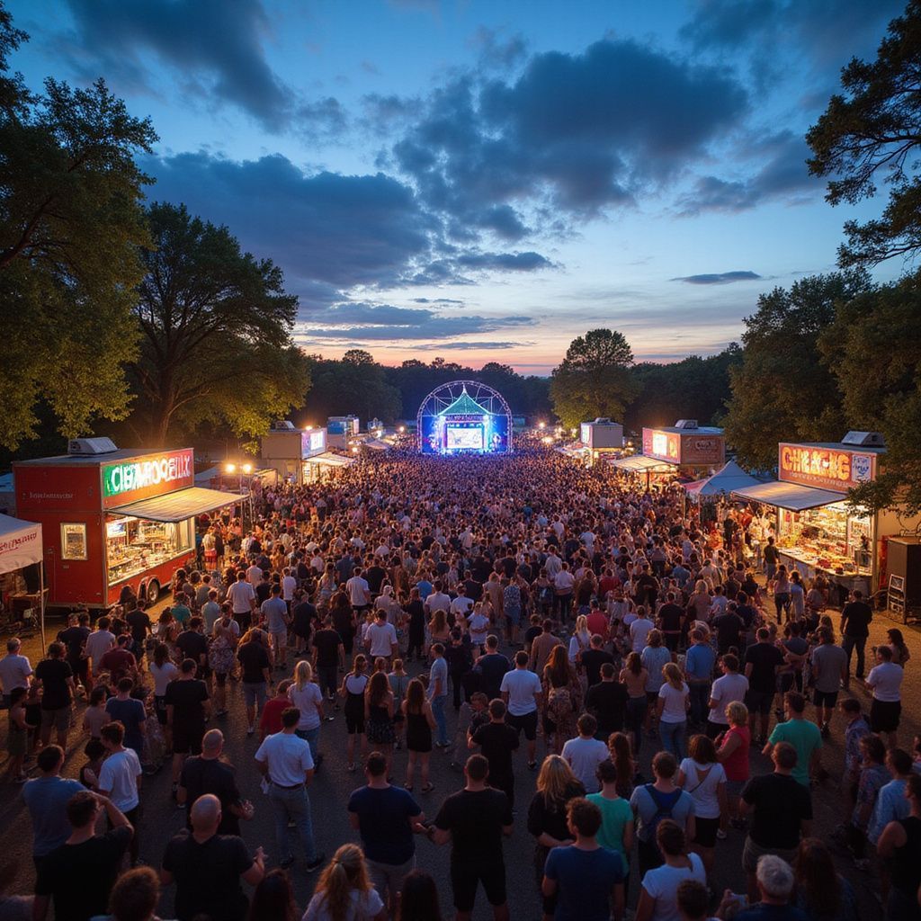Large outdoor concert with a crowd facing a stage at dusk, surrounded by food vendors.