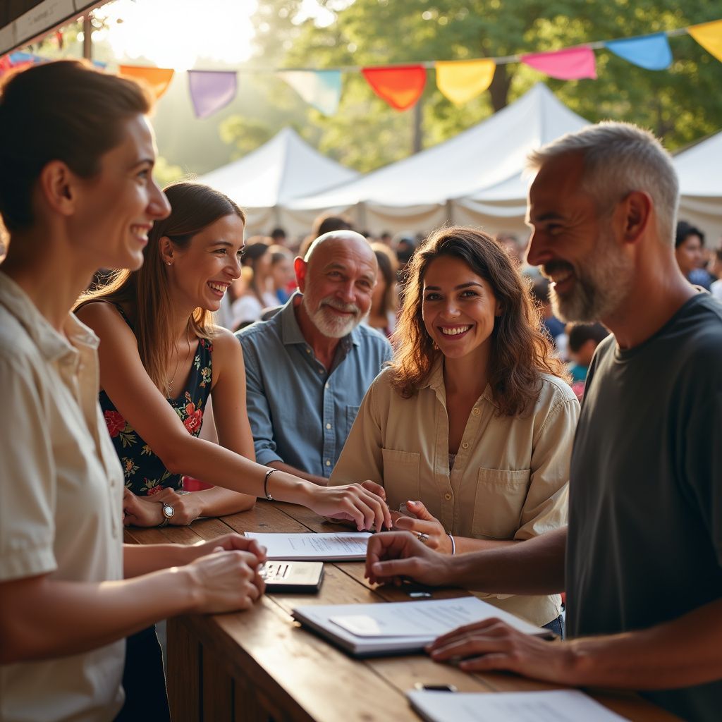 People smiling and interacting at an outdoor event, possibly a festival, with tents and colorful flags in the background.