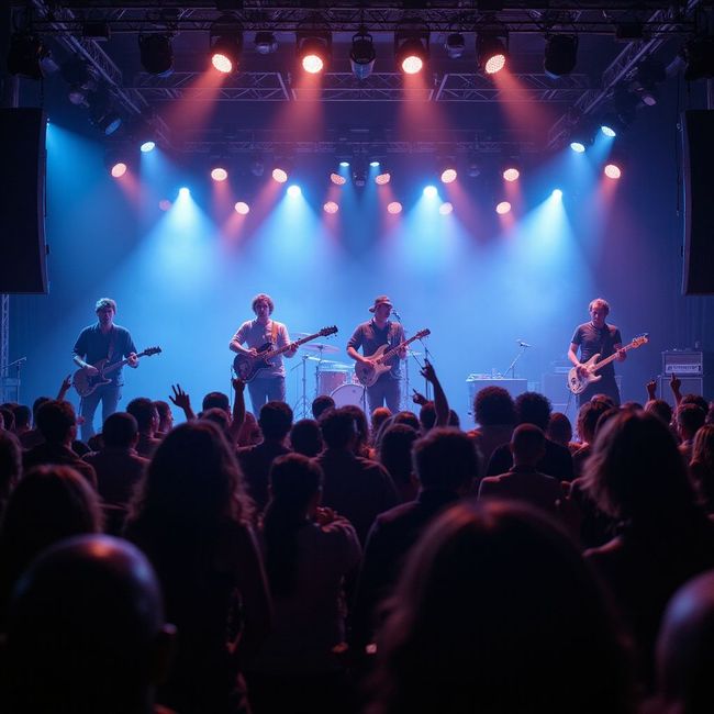 Band performing on stage with blue and red lighting, audience in front cheering.
