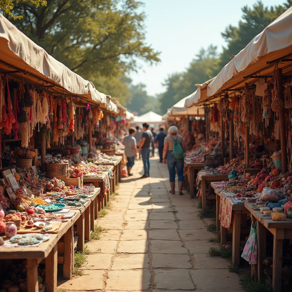 Market scene: wooden stalls under awnings, displaying crafts and goods; people browse a sunny walkway.