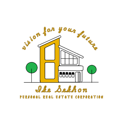 Logo with modern yellow and white house, trees, and text 