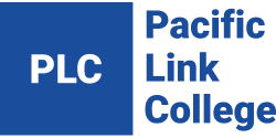 Logo for Pacific Link College: Blue square with 