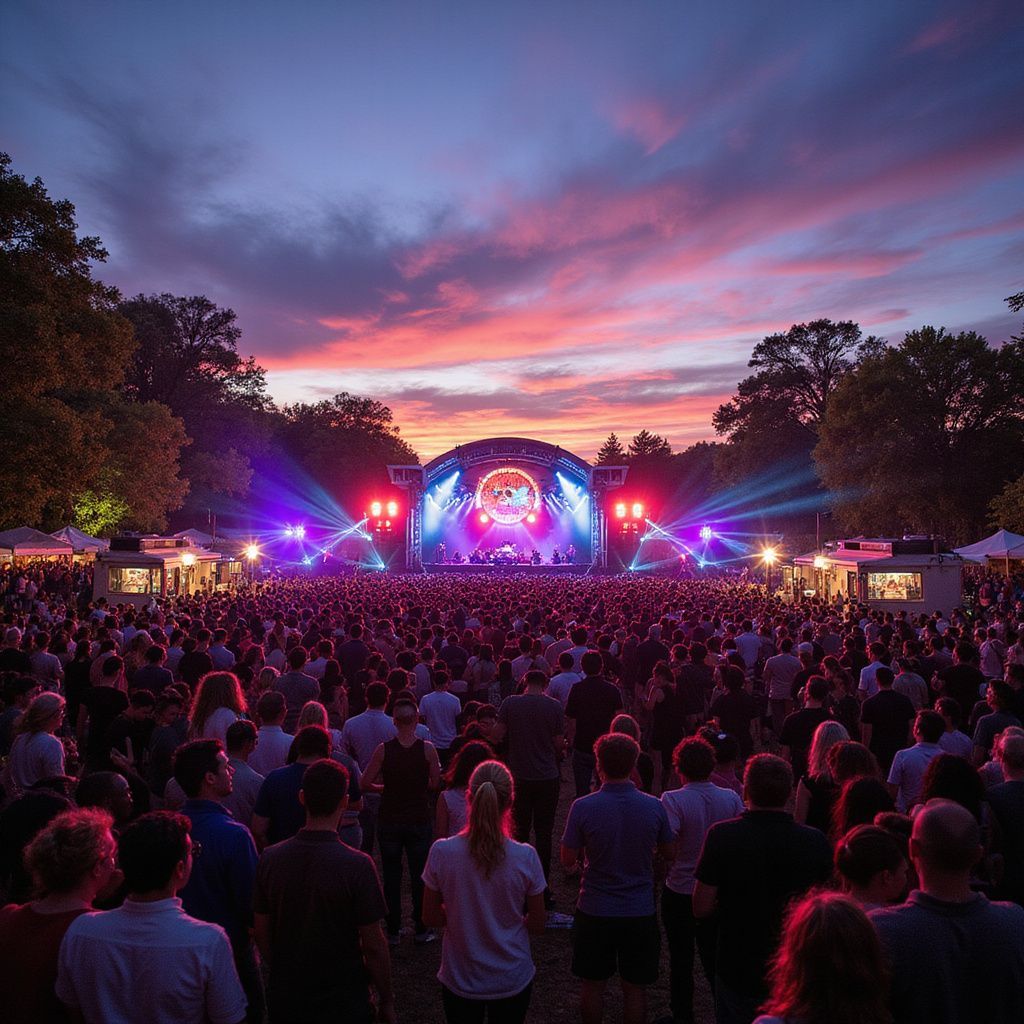 A large outdoor concert at dusk. Crowd watches a stage lit with colorful lights as the sun sets.