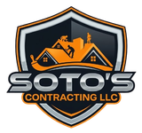 Soto’s Contracting LLC logo with orange rooftops inside a black and silver shield