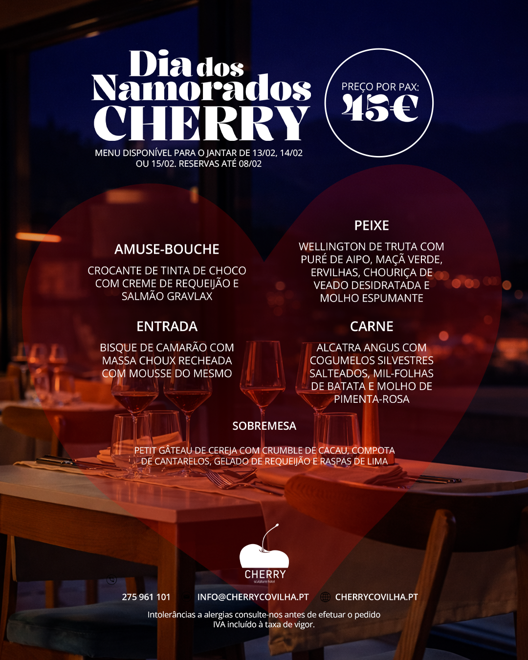Valentine's Day menu for Cherry restaurant with dishes and price.
---