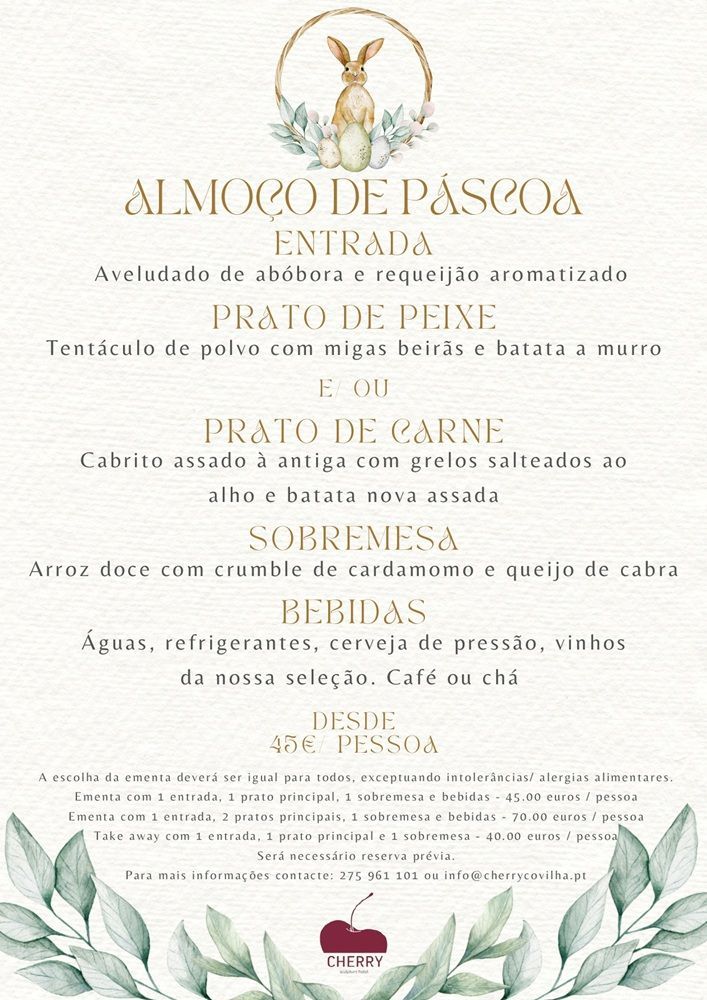 Easter lunch menu with a rabbit illustration, courses listed from appetizer to drinks, and pricing details.