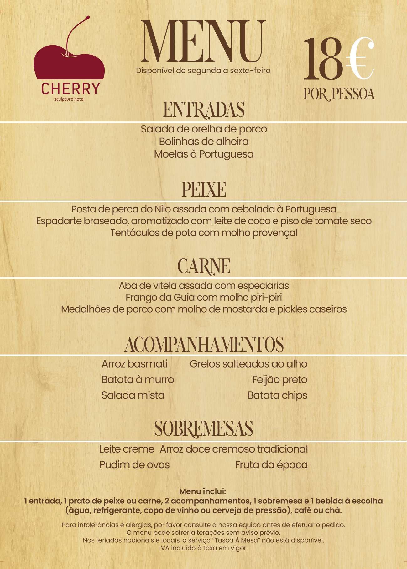 Brown restaurant menu on beige background with a cherry logo and 18€ price, listing dishes in Spanish.
