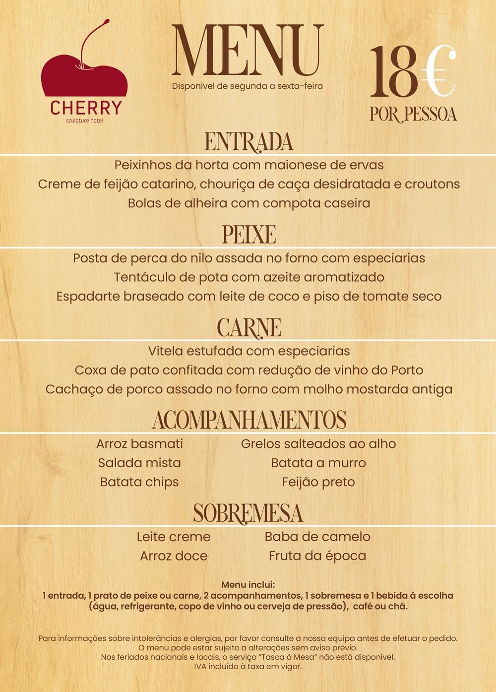 Menu from Cherry restaurant: Appetizers, fish, meat, sides, and desserts; 18€ per person.