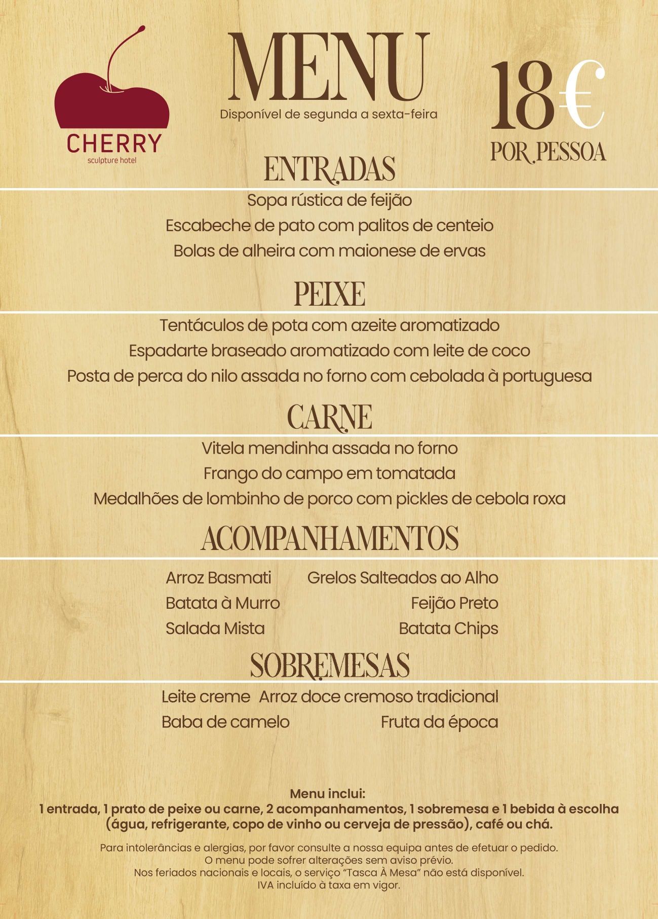 Menu from Cherry restaurant: Appetizers, fish, meat, sides, and desserts; 18€ per person.