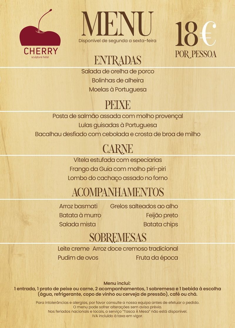 Vintage beige restaurant menu with cherry logo, French headings, and 18€ price at top right