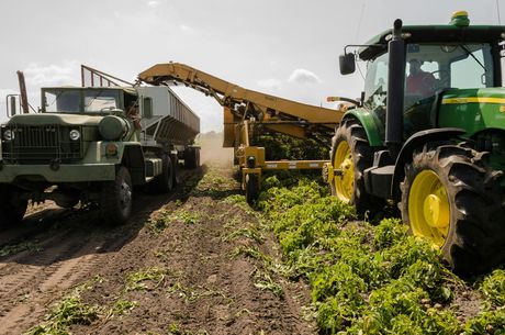 Agricultural machines harvesting crops in a field, with a green tractor and army truck.