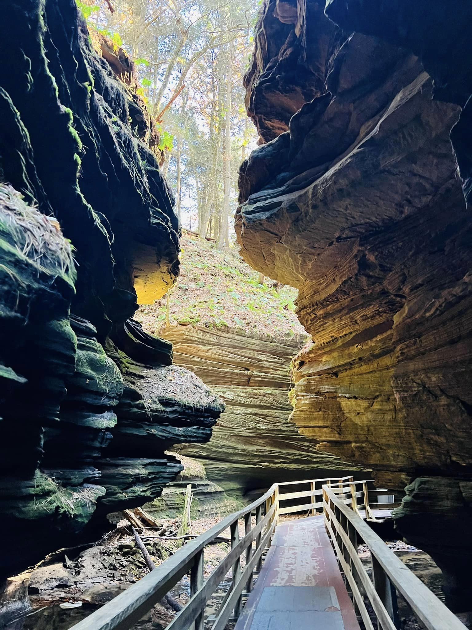 there is a wooden bridge going through a canyon .