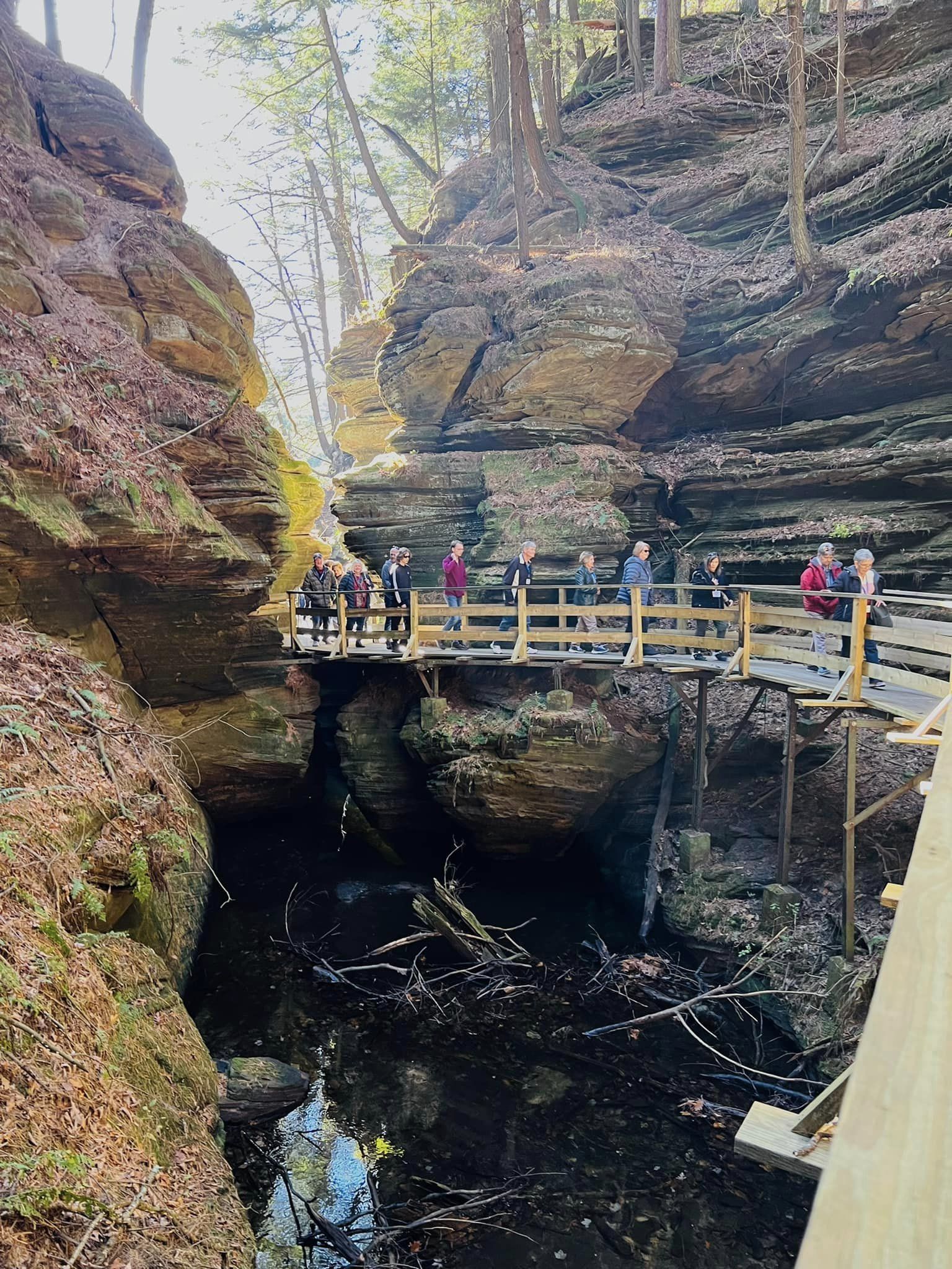 a group of people are standing on a bridge over a river .