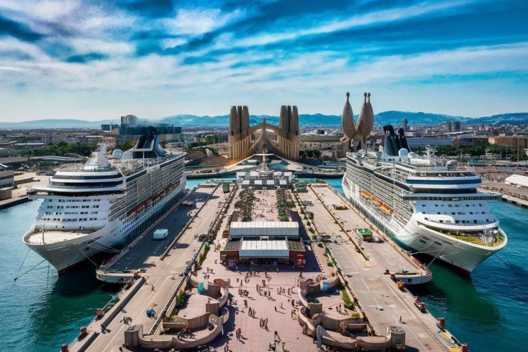 Two cruise ships docked at a port in Barcelona, Spain, with the Sagrada Familia in the background.