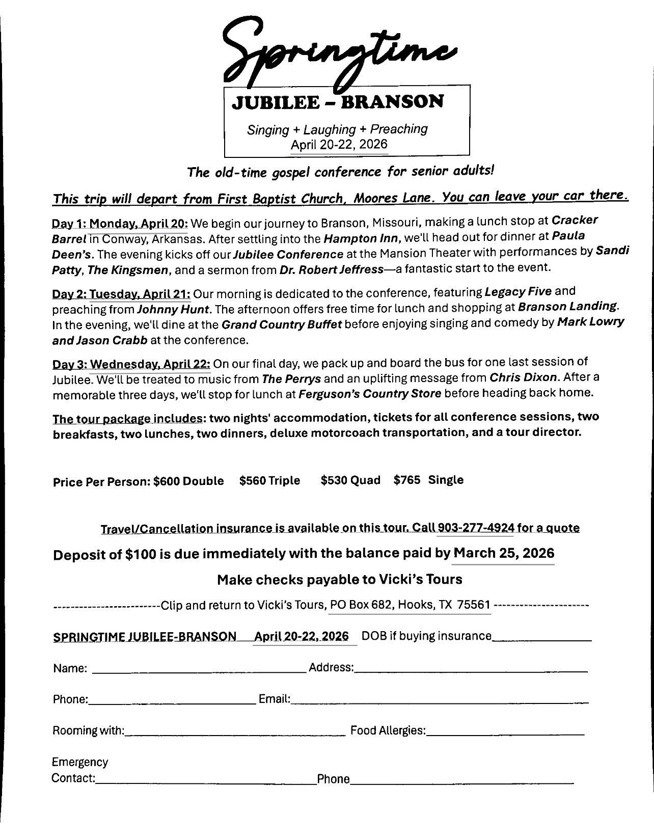 Springtime Jubilee Branson flyer for senior adults, dated April 24-26, 2024, with tour details and registration information.