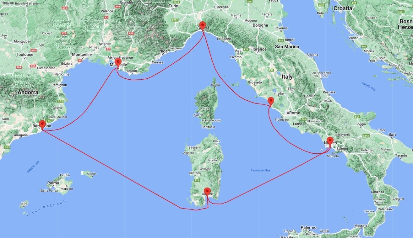 Map of the Mediterranean Sea with a red line tracing a cruise route around France, Italy, and islands.