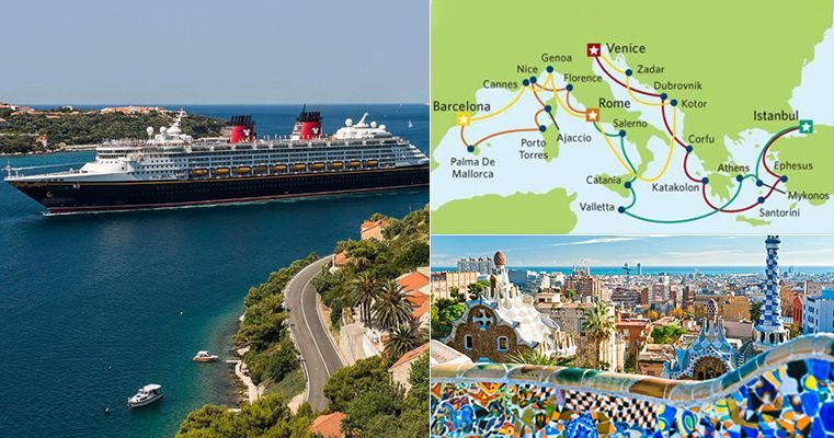 Disney cruise ship, map of European stops, and Barcelona buildings.