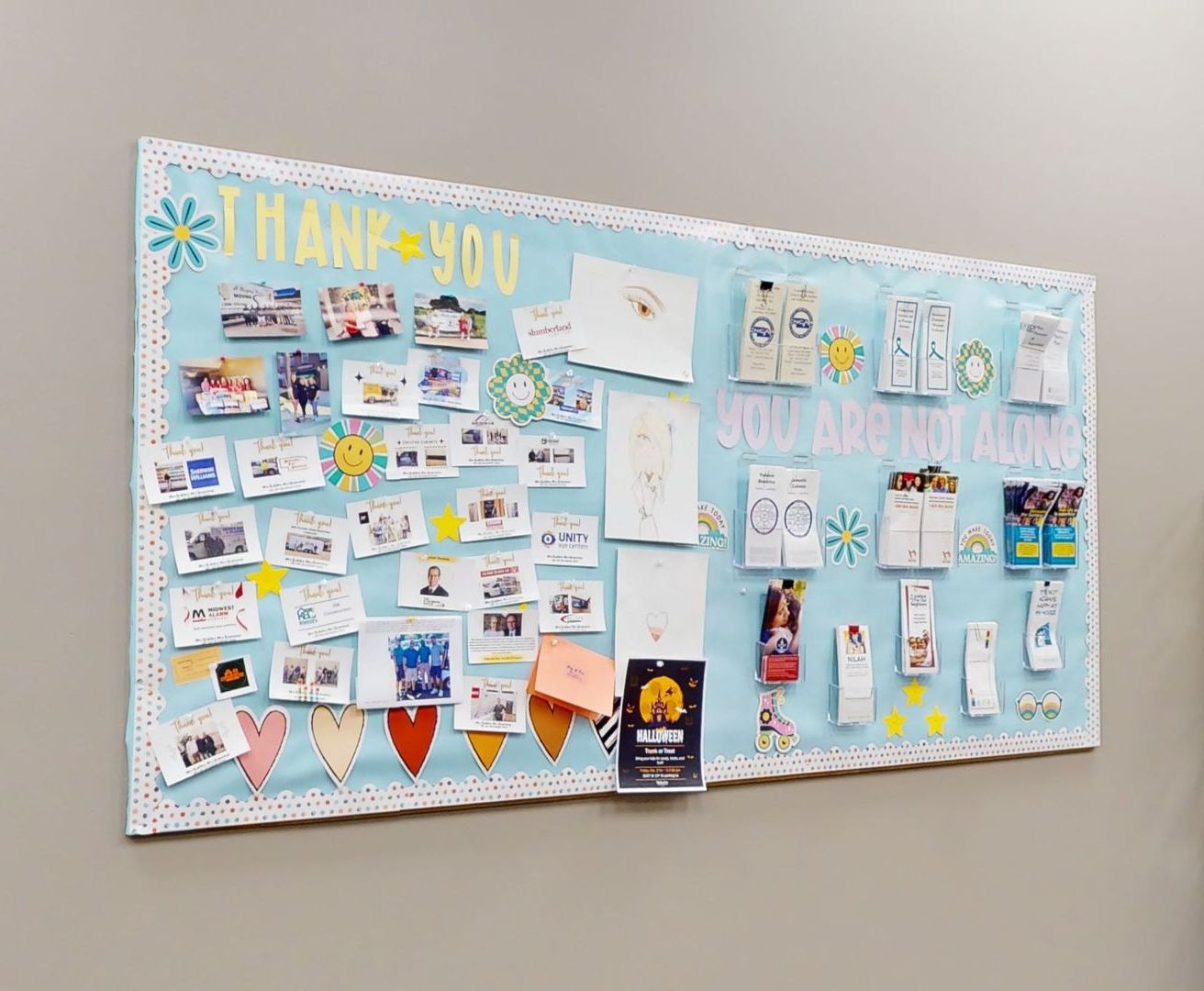 A bulletin board with a thank you message on it