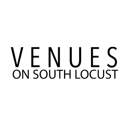 The logo for venues on south locust is black and white.