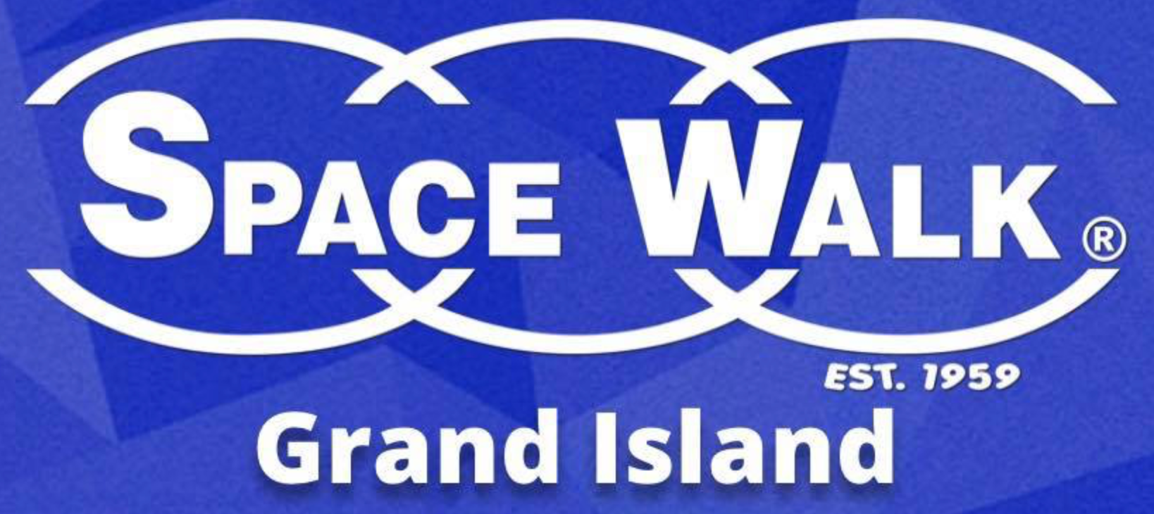 A blue and white logo for space walk grand island