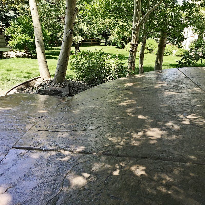 A concrete patio with trees in the background.