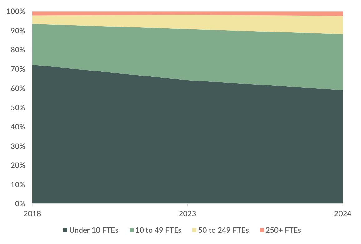 Stacked area chart showing workforce size distribution from 2018 to 2024, with companies under 10 full-time employees making up the majority and gradually declining, while groups with 10 to 49, 50 to 249, and over 250 employees remain small but stable.