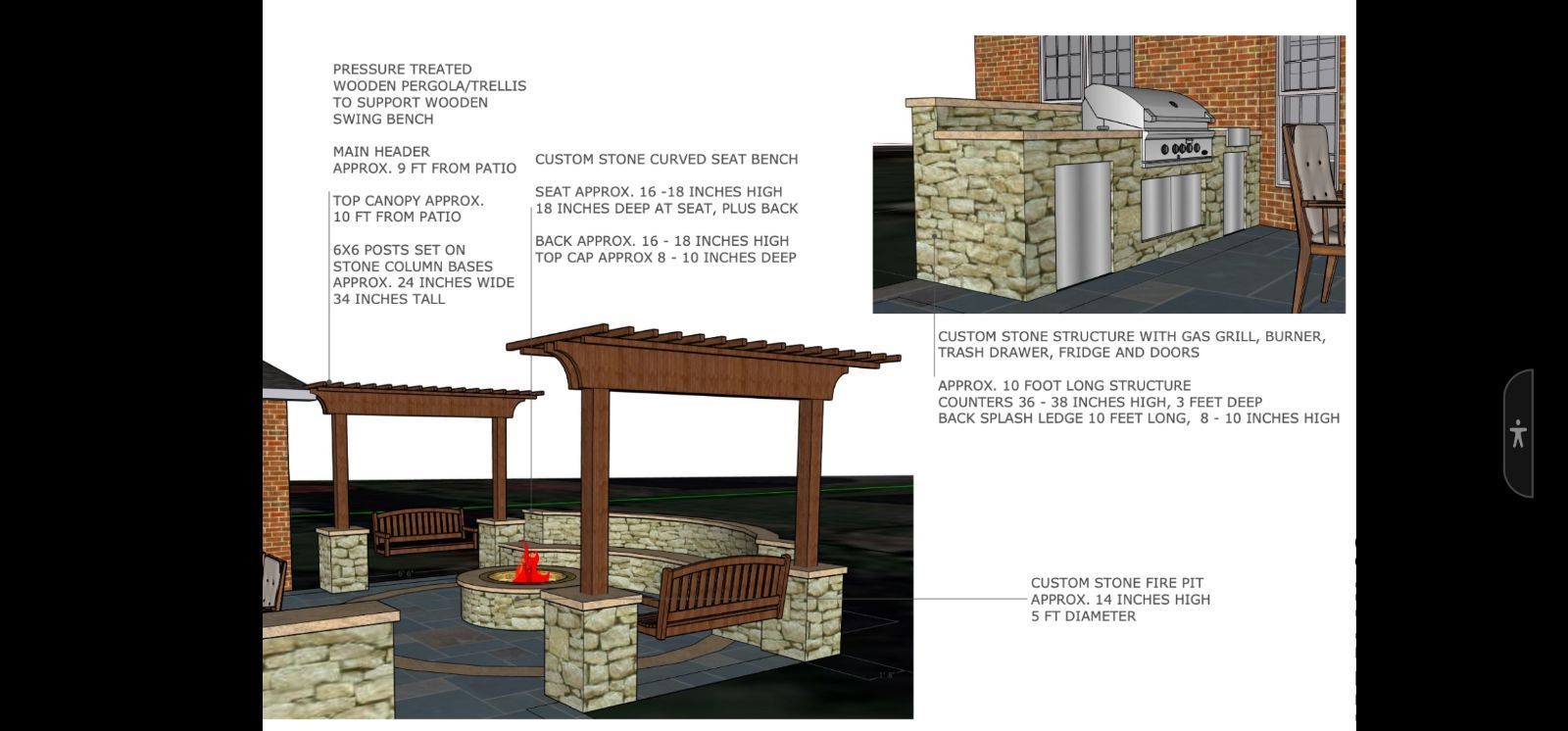 Outdoor kitchen design with a stone barbecue island and a fire pit with pergola.