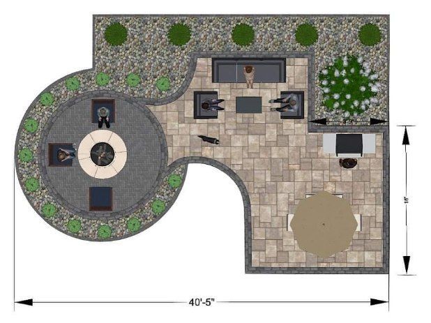 Top-down view of a patio design with a seating area, fire pit, outdoor kitchen, and dining space.