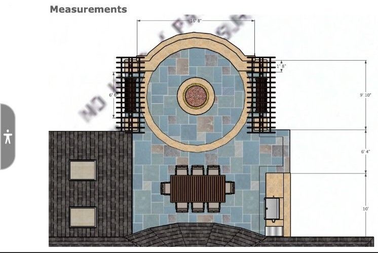 Top-down view of an outdoor patio design with seating, fire pit, and a small kitchen area.