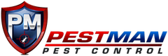 The logo for pm pestman pest control has a shield on it.
