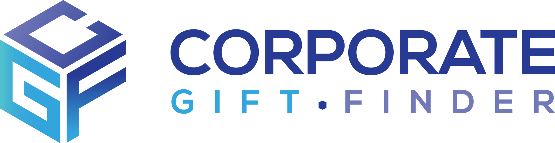 A logo for corporate gift finder with a blue cube on a white background.