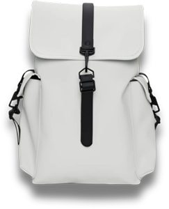 A white backpack with black straps on a white background