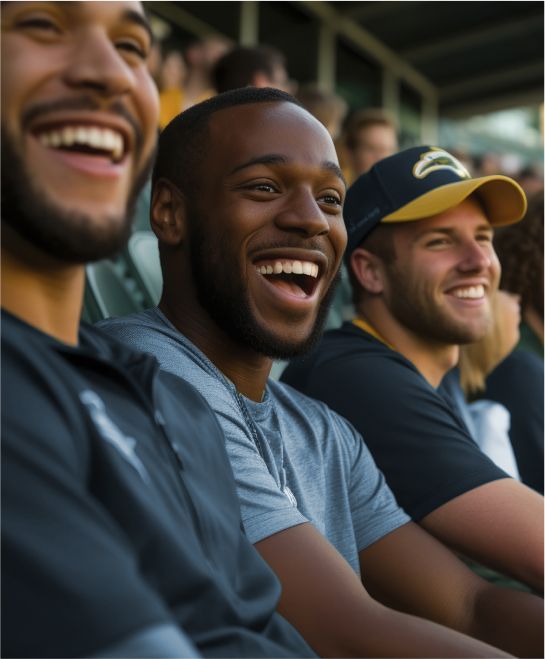A group of men are sitting in a stadium and laughing