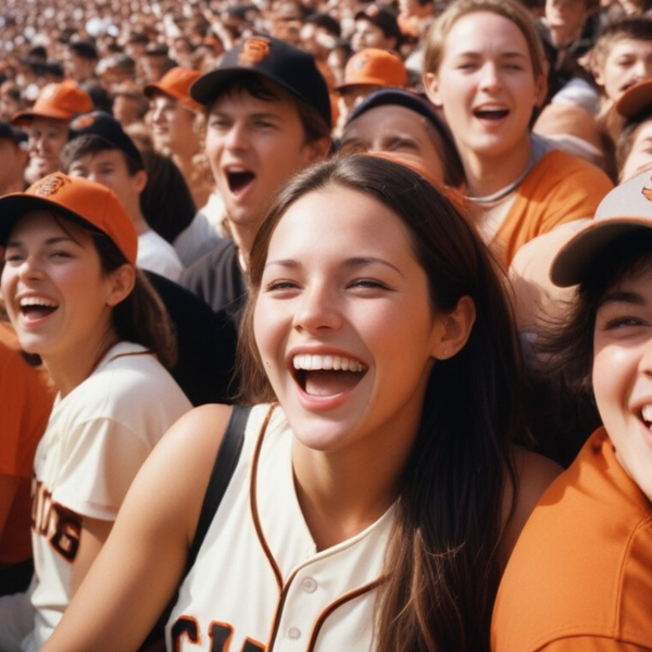 A woman wearing a giants jersey laughs in a crowd