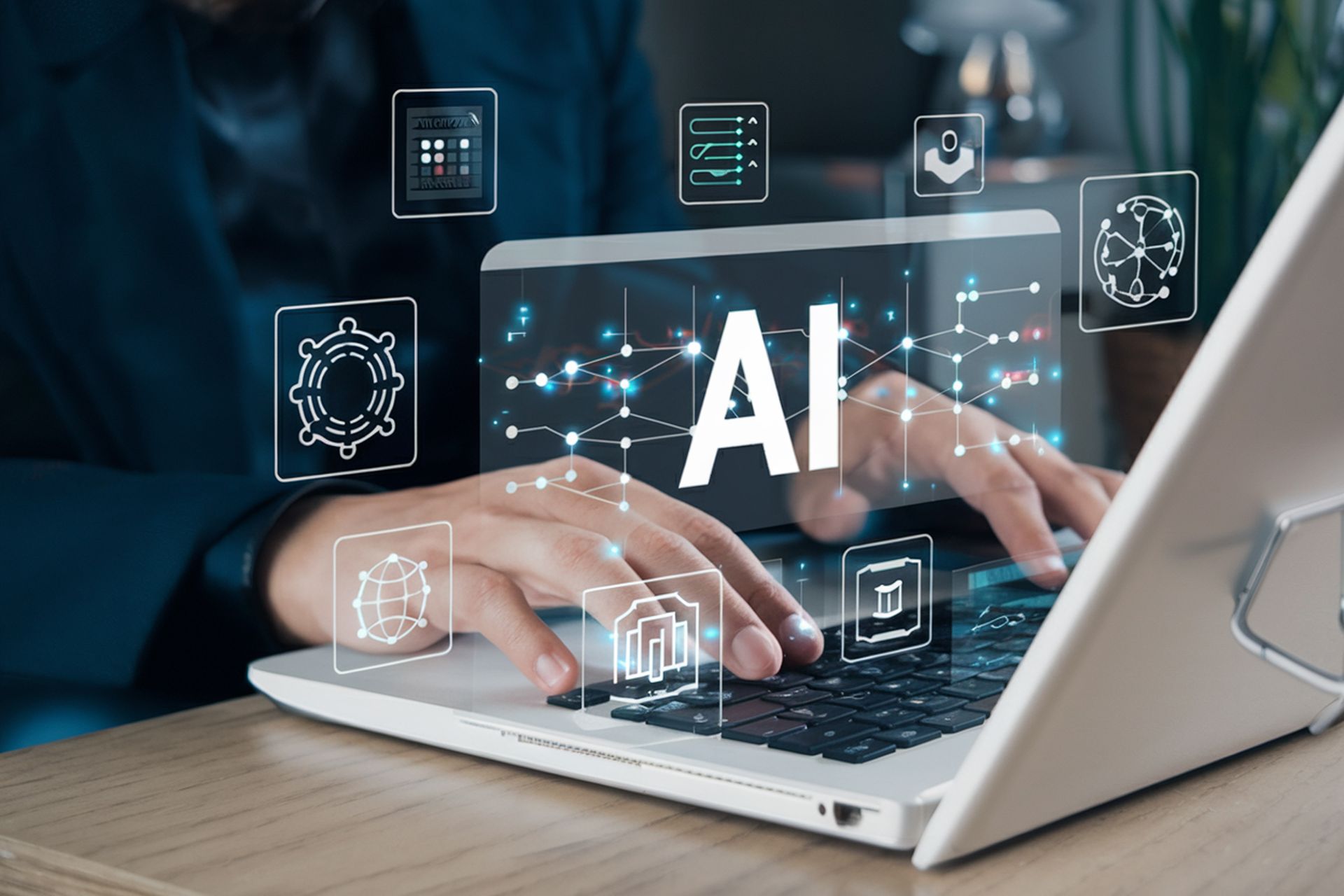 A laptop with a futuristic overlay showing the leters AI with other symbols