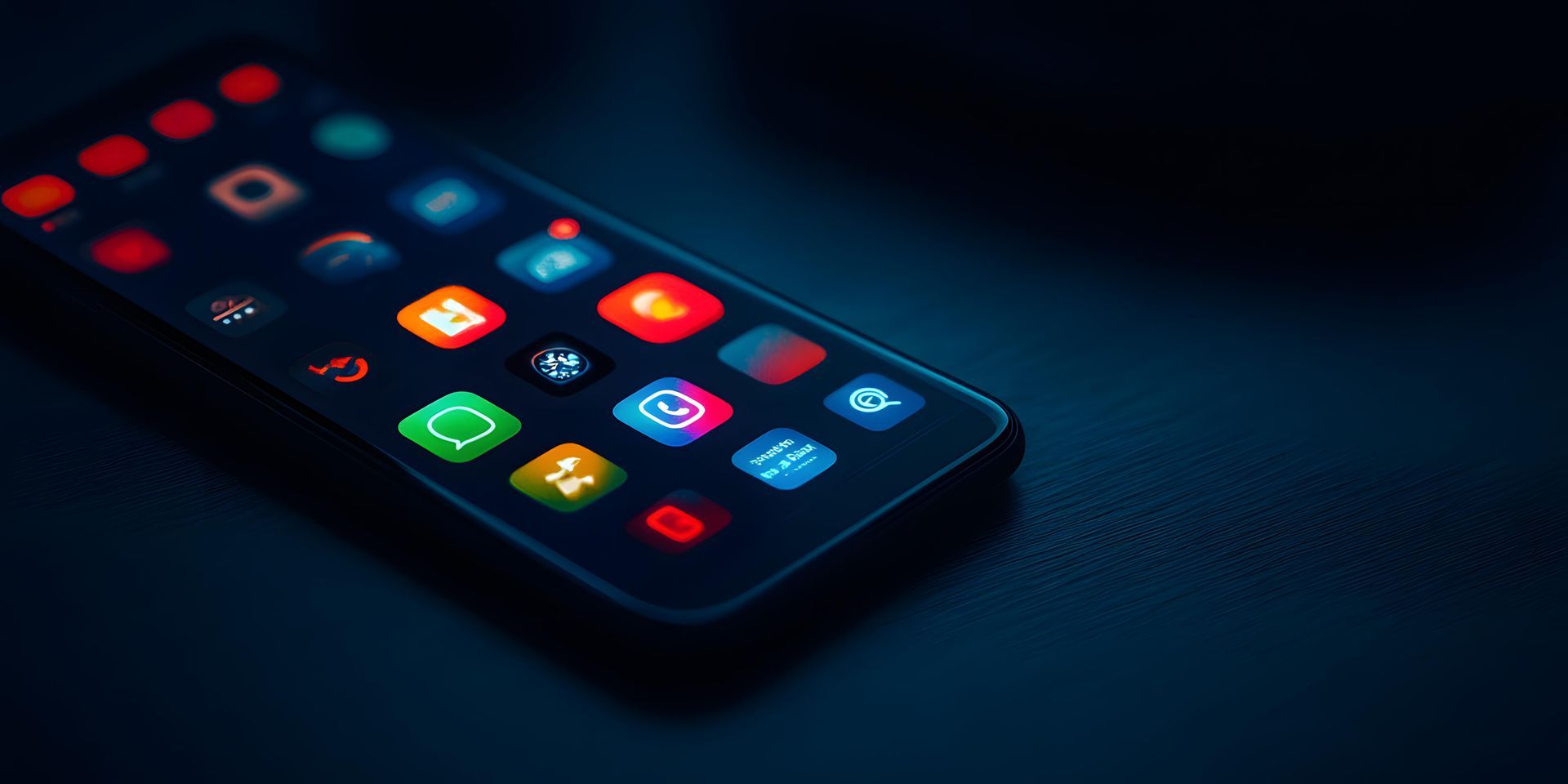 Mobile phone displaying app icons on dark background