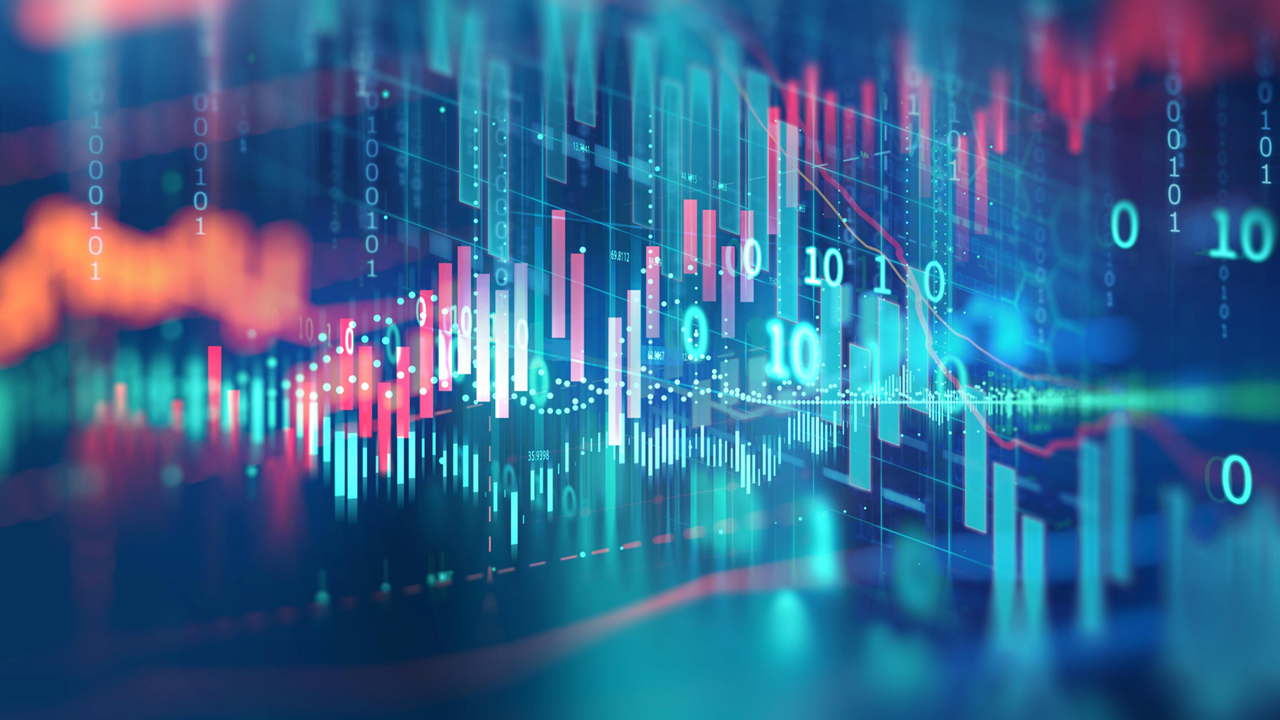 Abstract data visualization with blue and red glowing bars representing financial data.