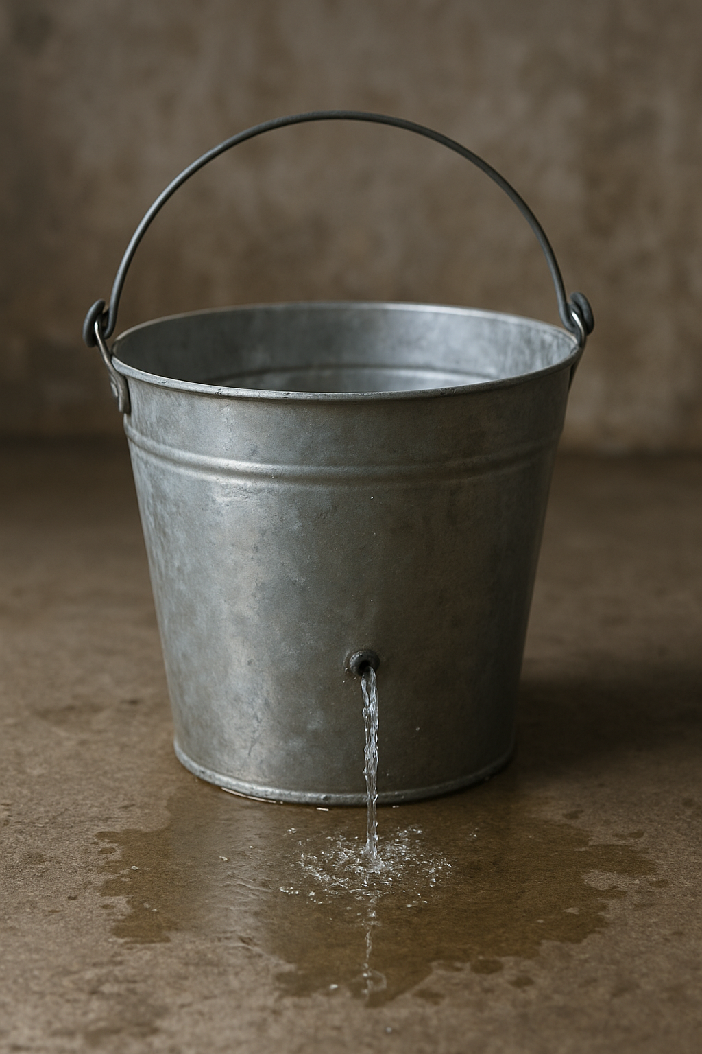 Metal bucket with water leaking from a hole, creating a puddle on a concrete surface.