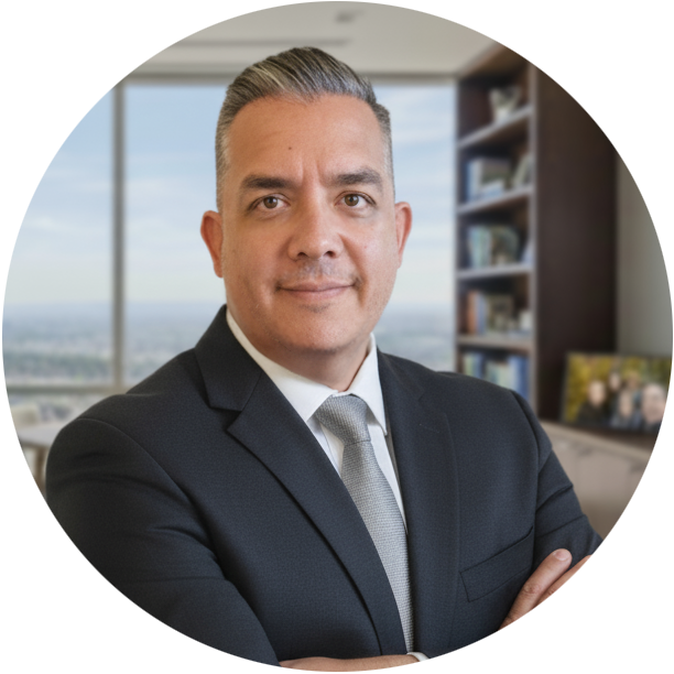 Man in suit with arms crossed, in a professional office setting, smiling.