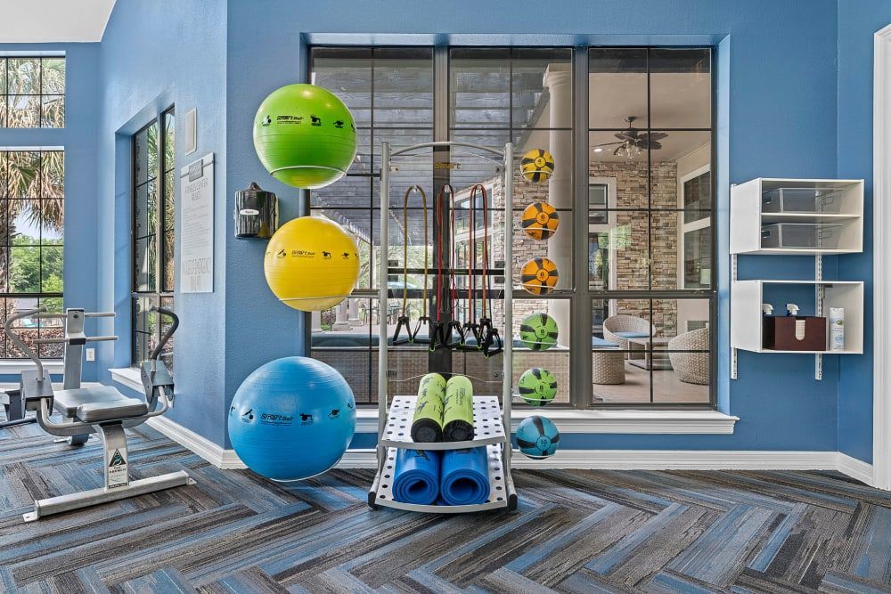 a gym with a lot of exercise equipment and a large window at Marquis Parkside in Austin, TX.