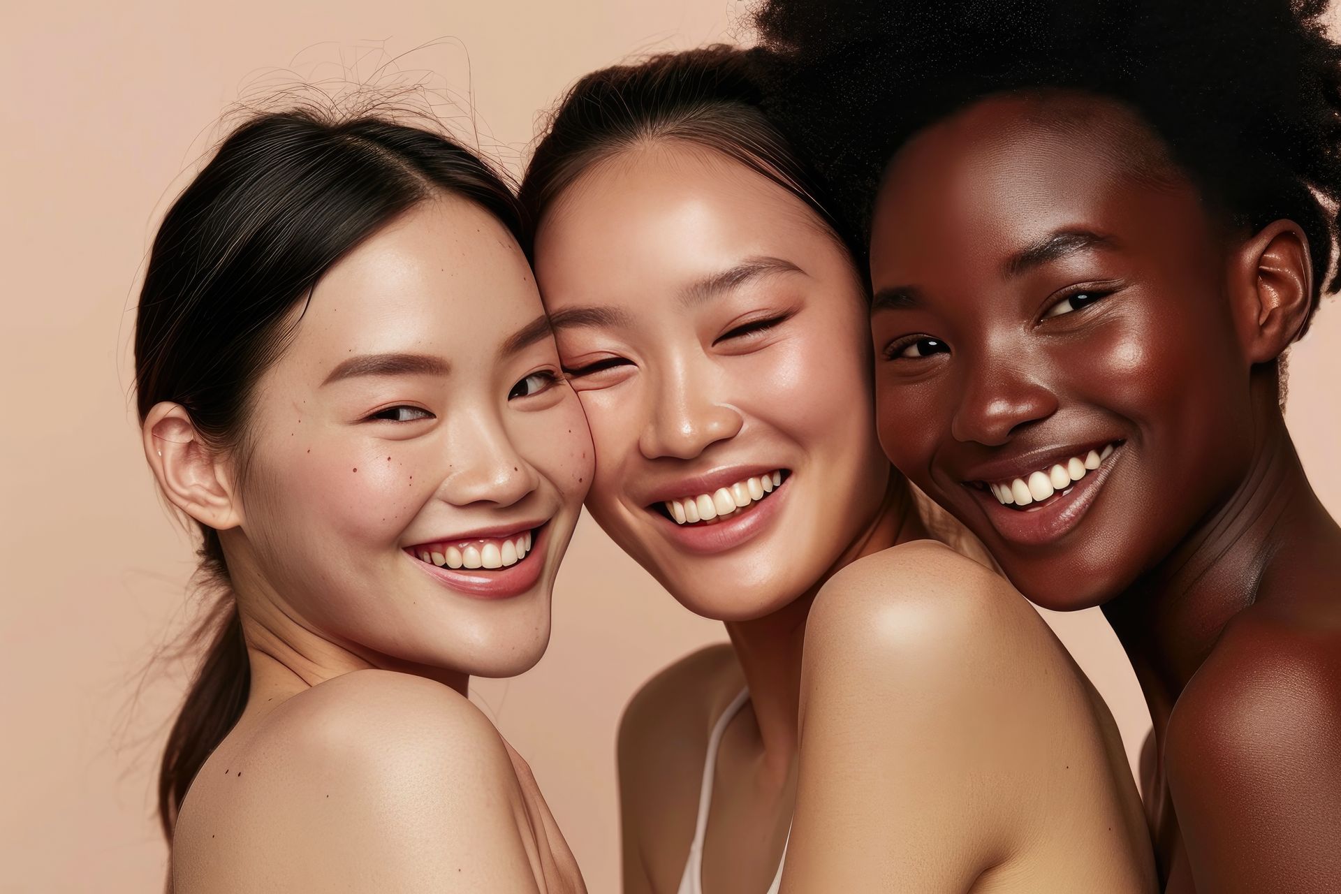 Three women of different races are smiling for the camera.