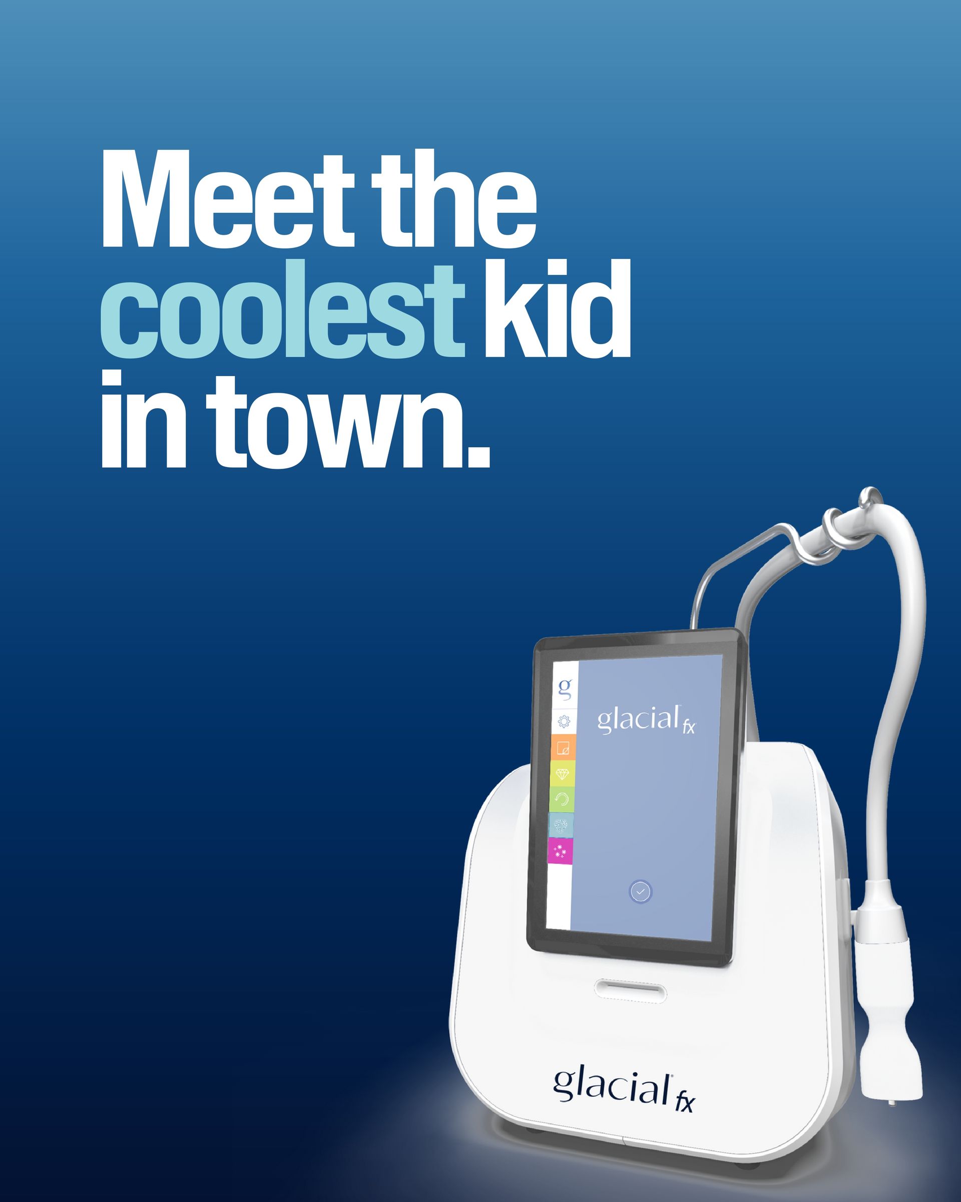 An advertisement for the Glacial fx system device that says meet the coolest kid in town