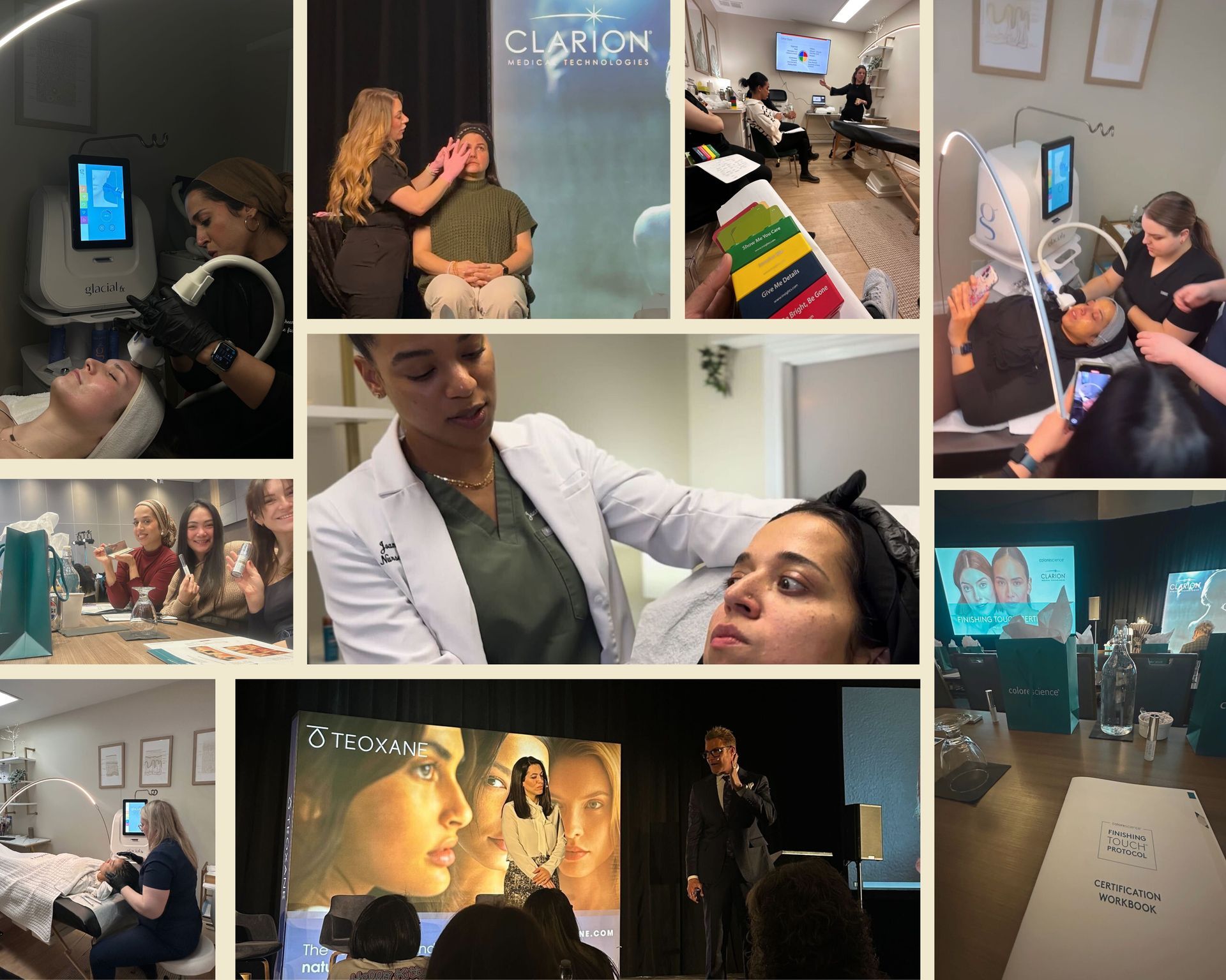 A collage of photos of people at The Face Lab doing training