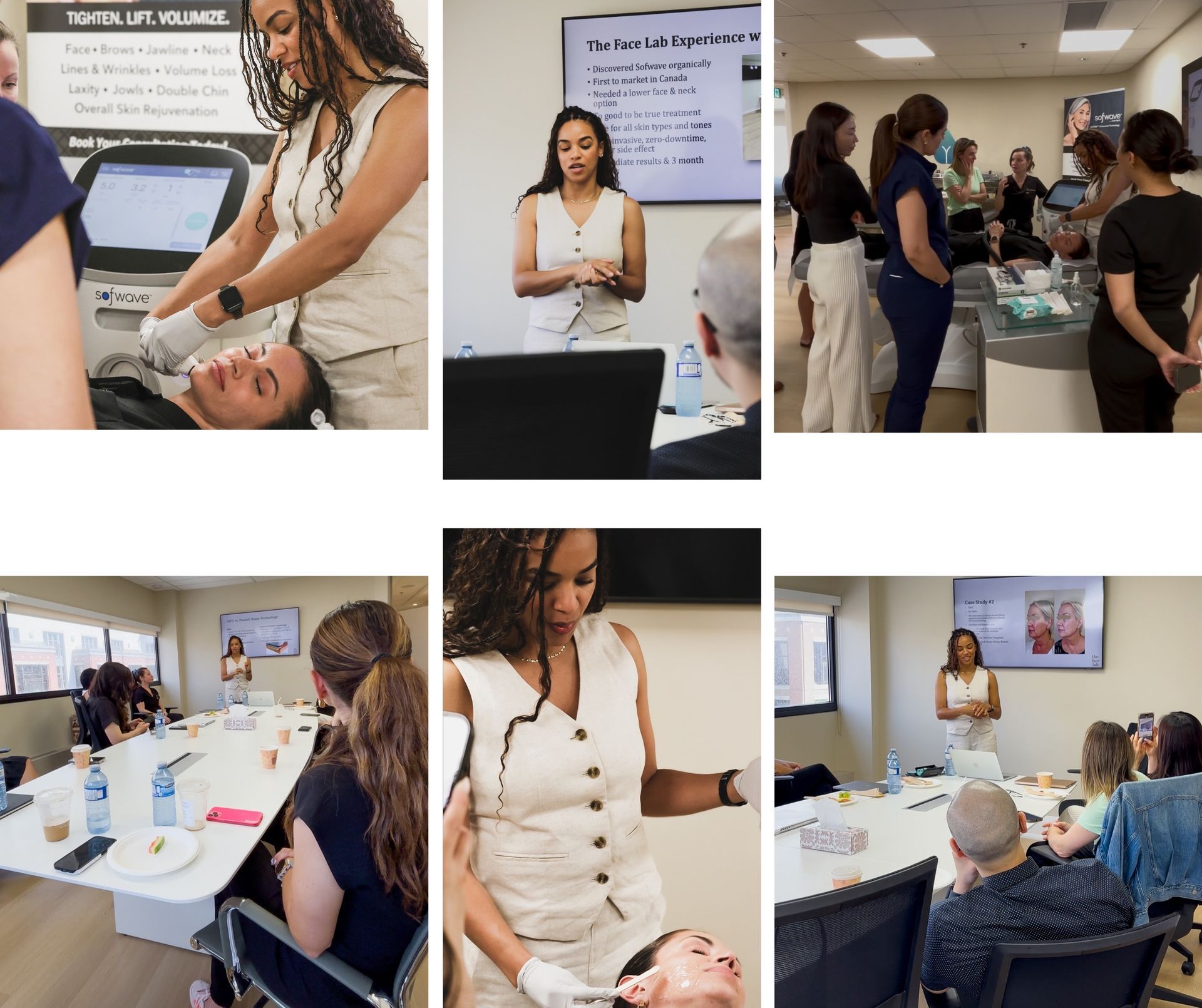 Nurse Jo of The Face Lab in Toronto, ON giving a presentation to a group of people on Sofwave