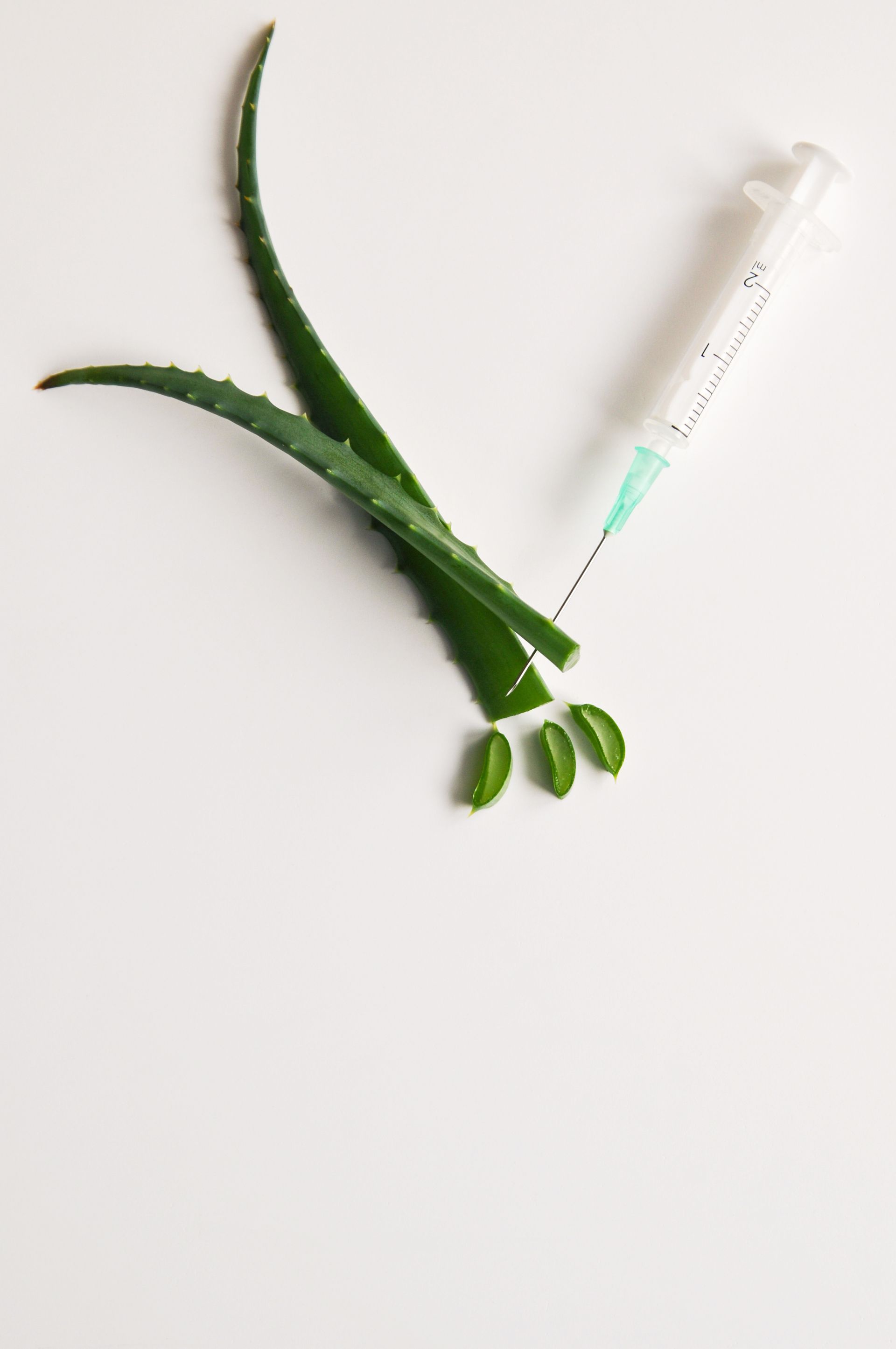 Aloe vera leaves and a syringe on a white background.