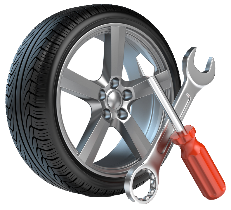 A tire with a wrench and screwdriver next to it