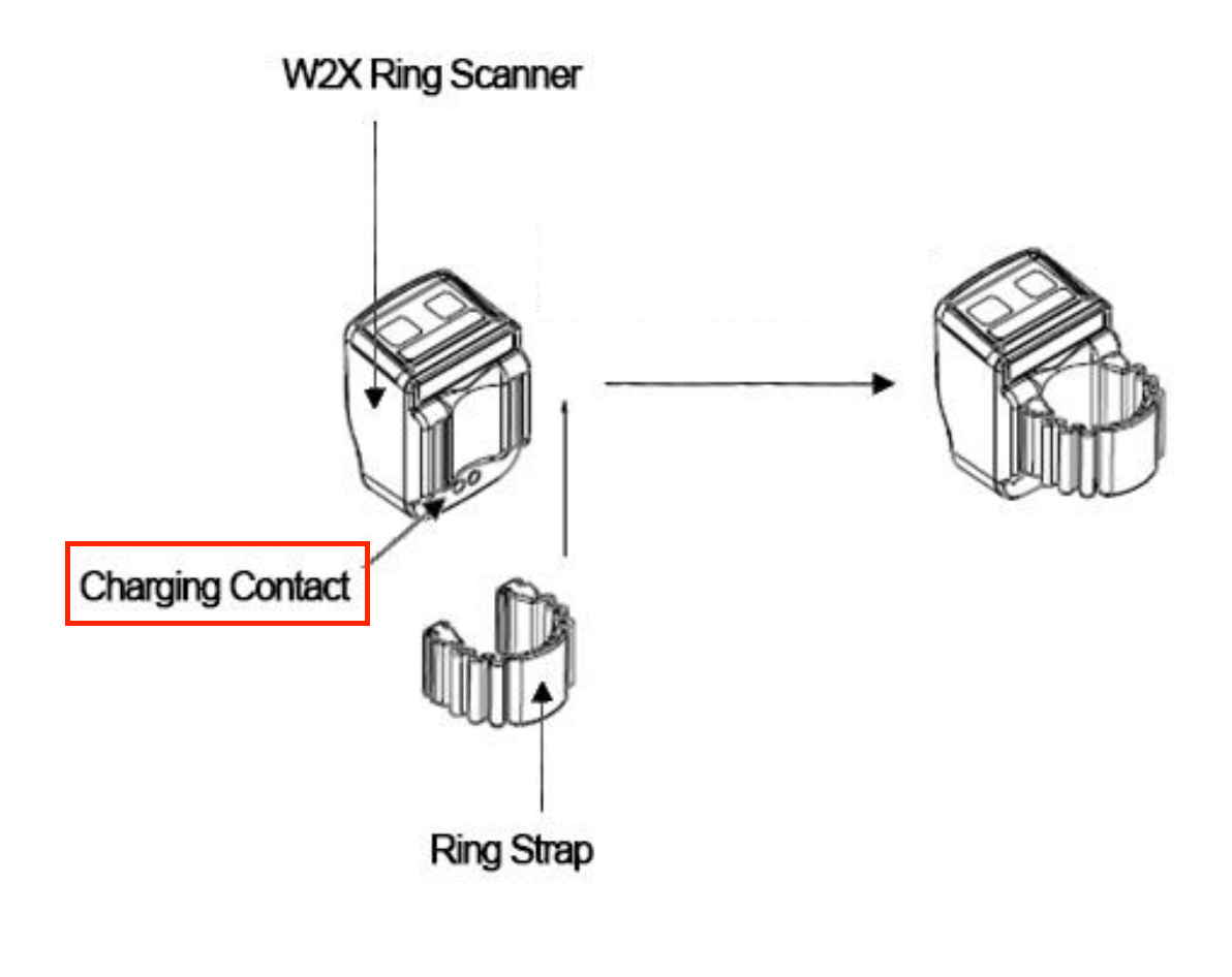 A drawing of a ring scanner with a charging contact and a ring strap.