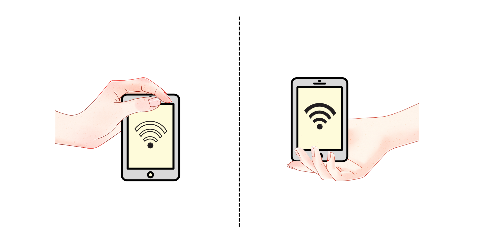 Two hands are holding a cell phone with a wifi symbol on the screen.