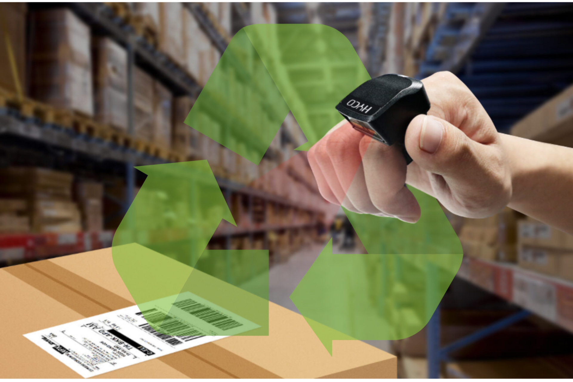 Warehouse worker using Lotwork wearable scanners and computers with green energy icons representing sustainable logistics and reduced environmental impact.