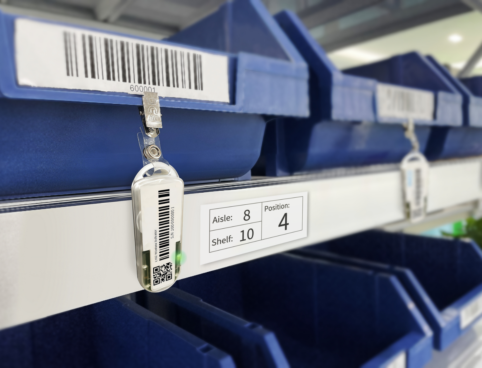 Seamless integration of Lotwork pick-to-light tag in a bin storage system for efficient warehouse setup.